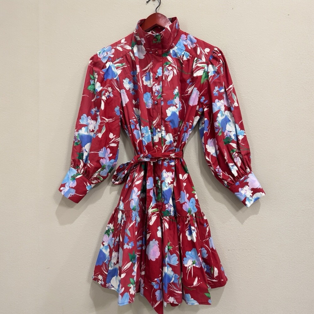Christy Lynn Emi Floral Mini Dress Size Small Cotton Poplin High Neck Button Up